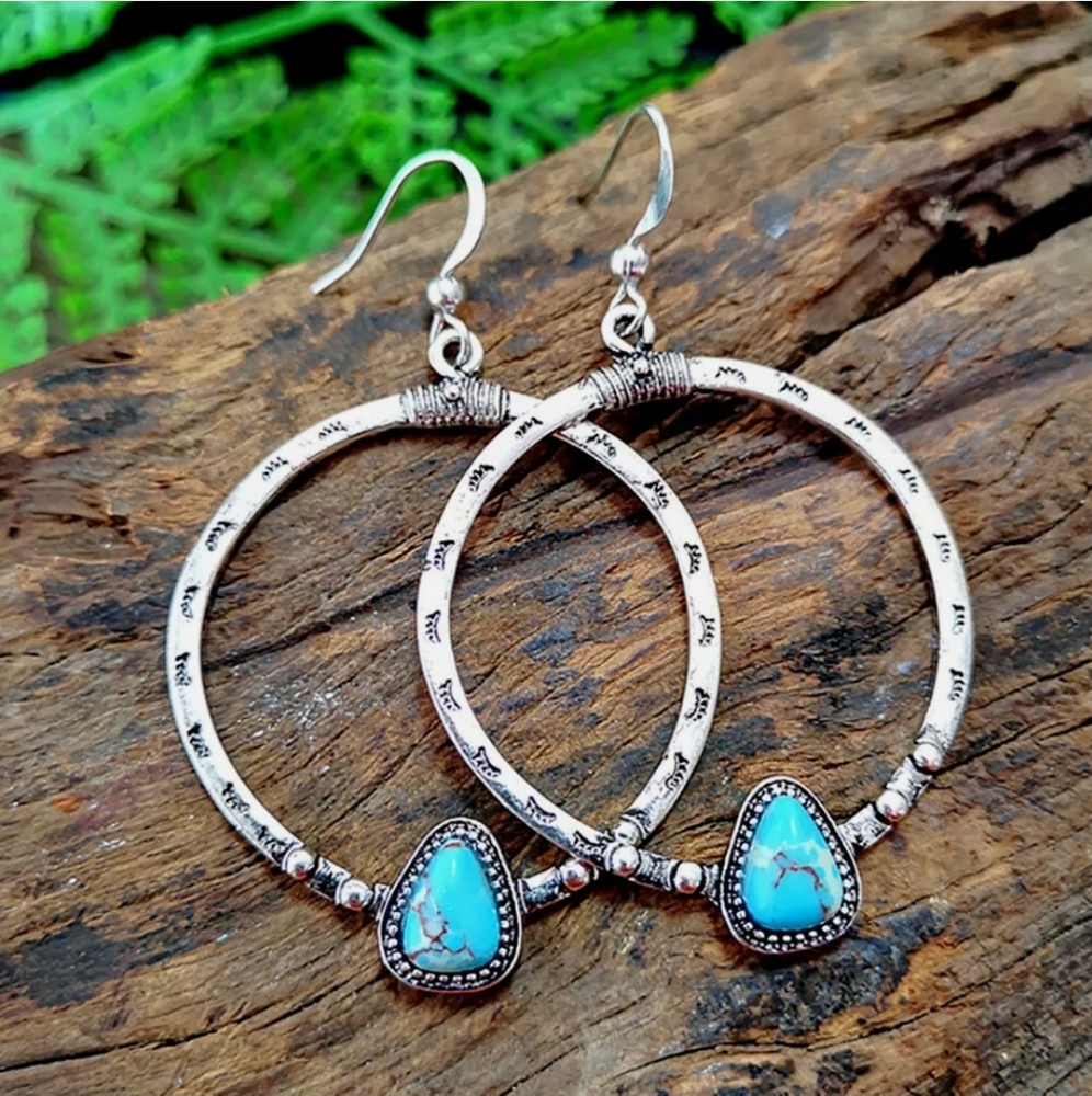 New Elegant Turquoise Hoop Earrings - Picture 2 of 6